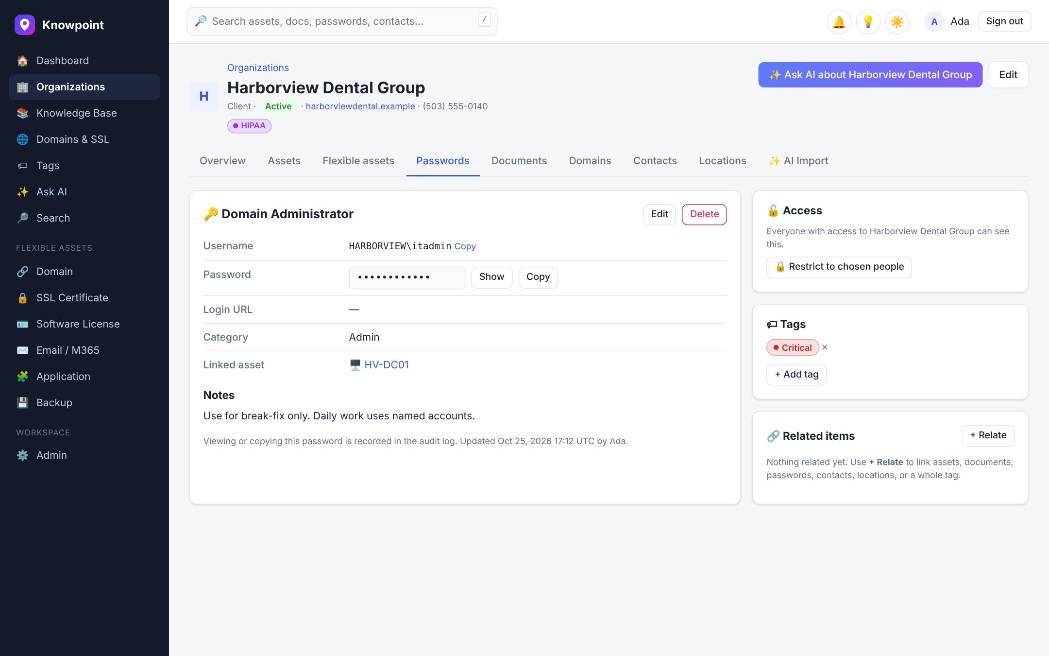 Password vault in Knowpoint